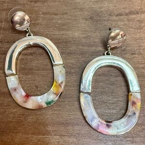 LOFT Marbled Shell Oval Hoop Dangle Earrings Silver Tone Statement NWOT
